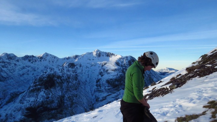 Gearing up near the summit of Am Bodach. No wind and nice hard nevé.